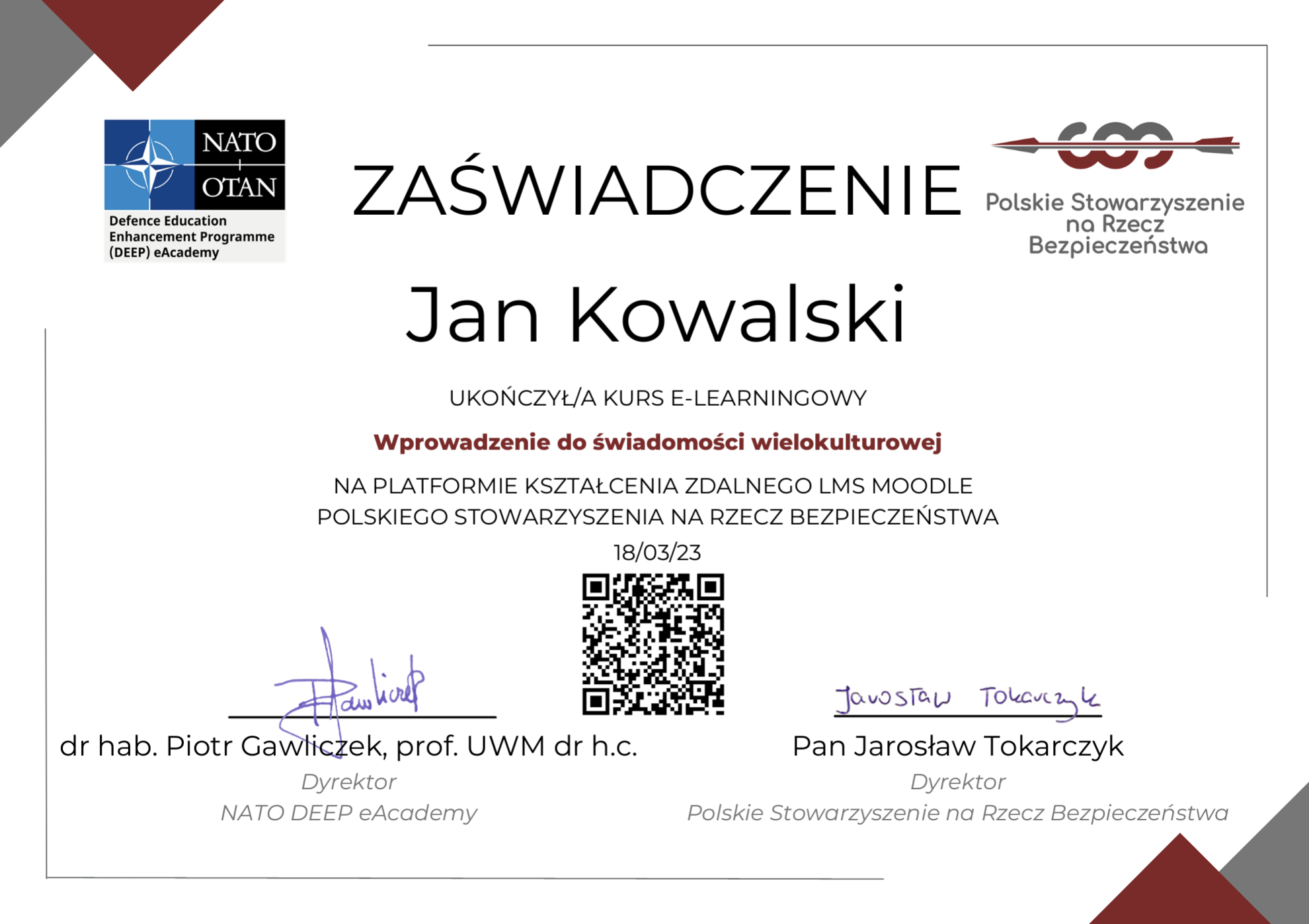Certyfikat w języku polskim